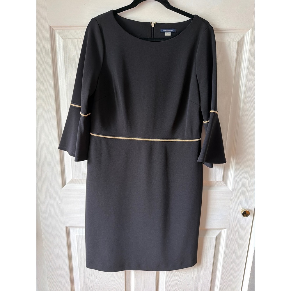Tommy Hilfiger Sheath Dress Size 12 Black Gold Trim Bell Sleeve Career Chic